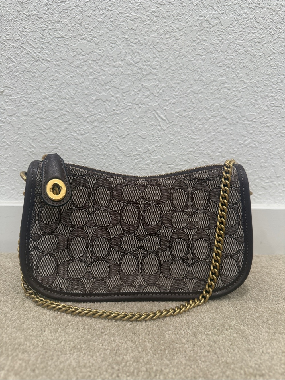 Coach Brown Signature Jacquard Shoulder Bag with Gold Chain
